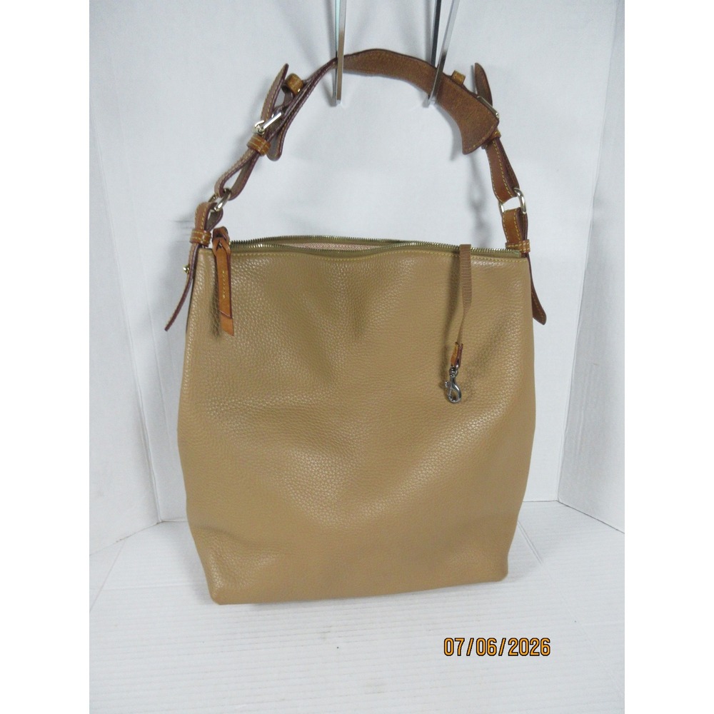 Dooney & Bourke Tan Pebbled Leather Hobo Shoulder Bag with Pink Gingham Lining - Picture 8 of 14